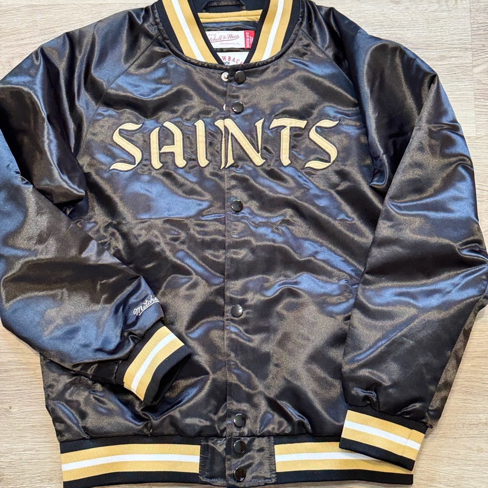 Youth Mitchell & Ness Black New Orleans Saints Lightweight Satin Jacket M 10/12